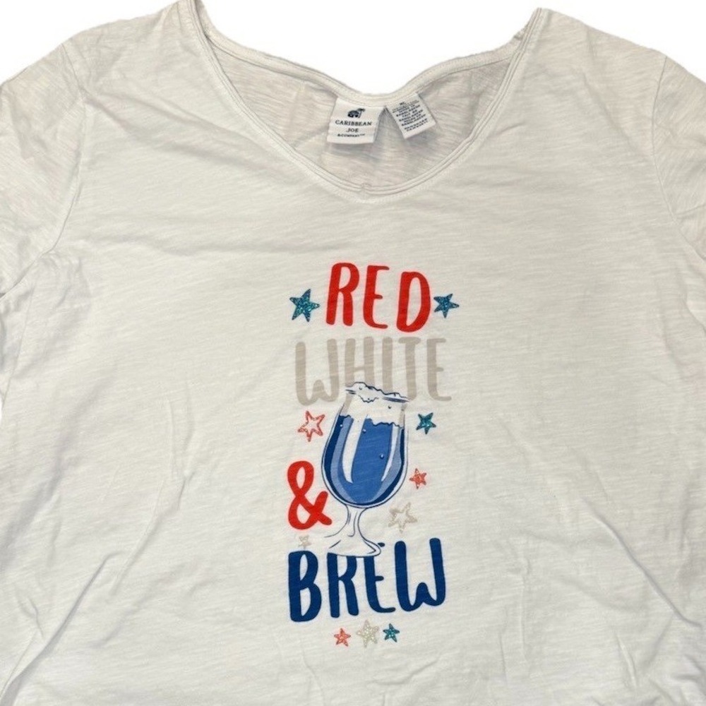 Caribbean Joe Red White Blue Brew V Neck T Shirt Womens XL Patriotic 4th of July